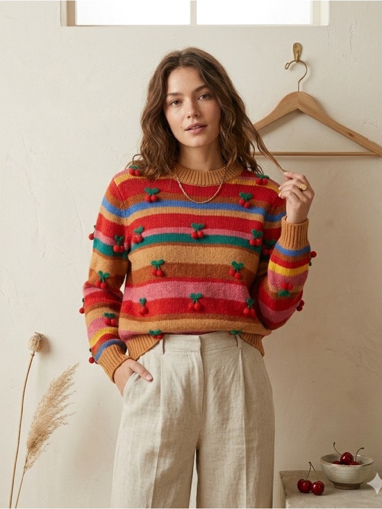 Farm Rio Colorful Stripe 3D Cherry Crochet Wool Blend Sweater NWT Small - Picture 2 of 16